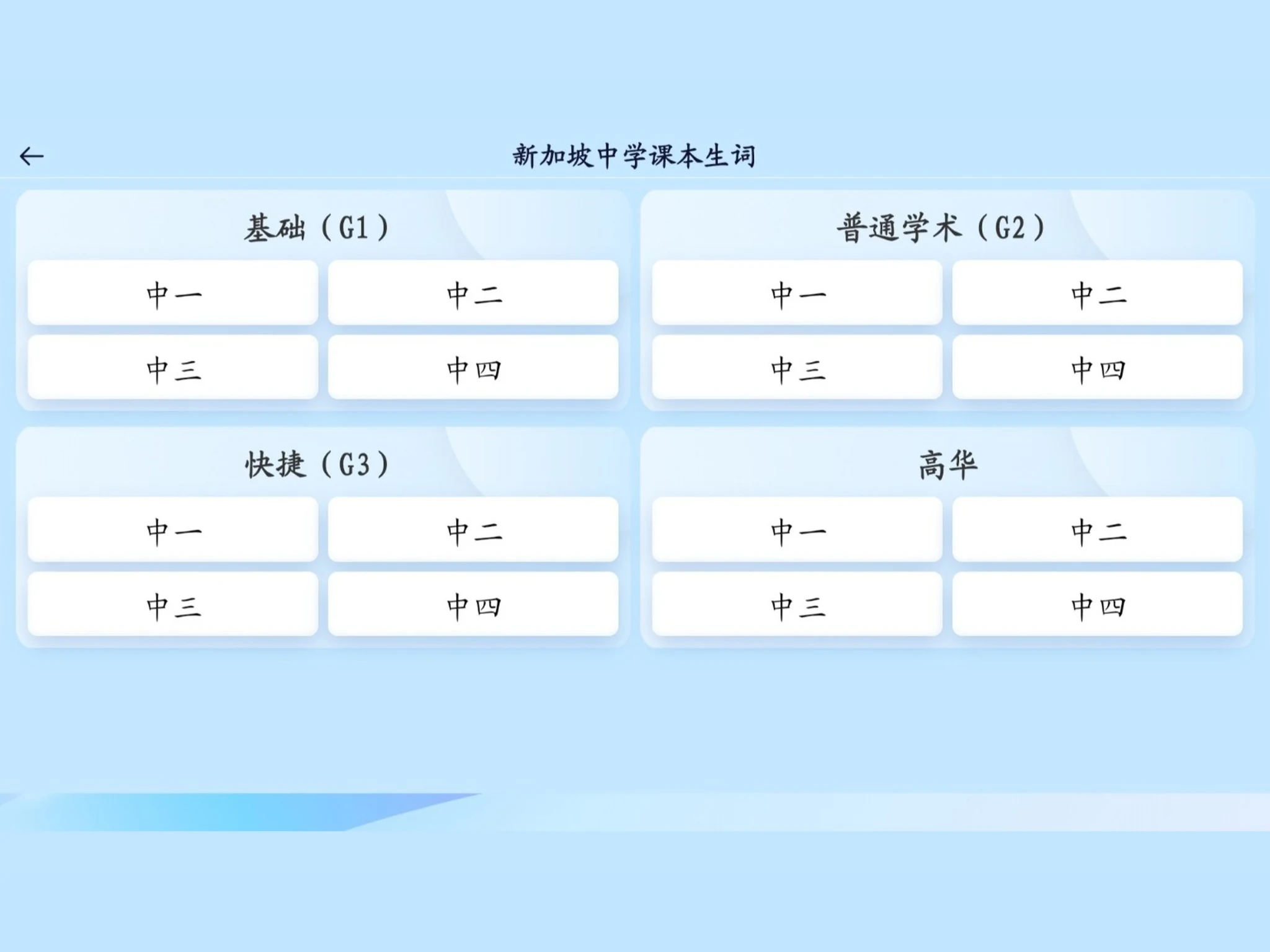 Secondary Chinese grade selection screen